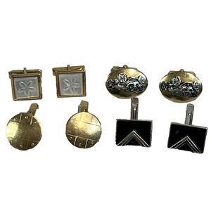 Vintage Set of 4 Mens Cufflinks Antique Cars Circles Mother of Pearl Gold Silver